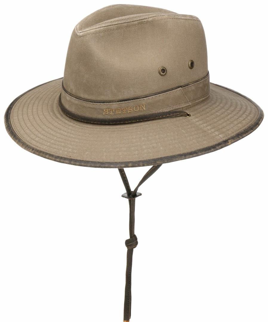 Hute Stetson | Stetson Baumwoll Traveller Fischerhut Mit Kinnband Und Extrabreiter Krempe Mittelbraun