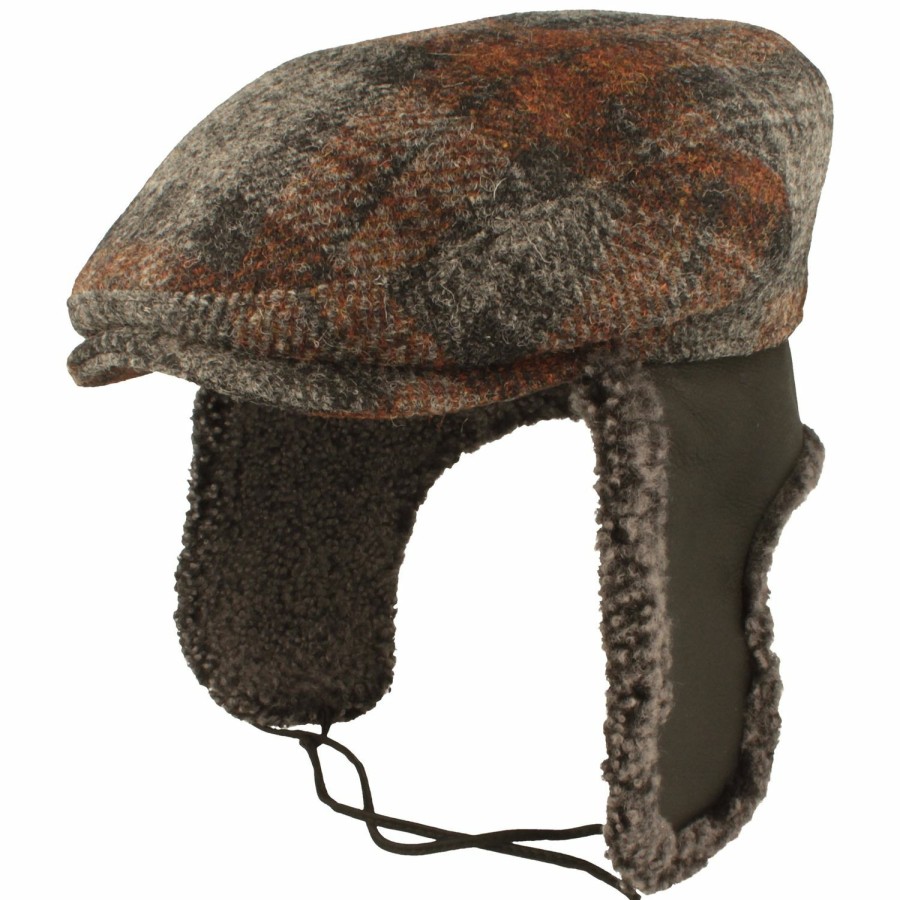 Mutzen Bullani | Bullani Harris Tweed Schirmmutze Mit Lammfell Ohrenschutz Schwarz Gemustert