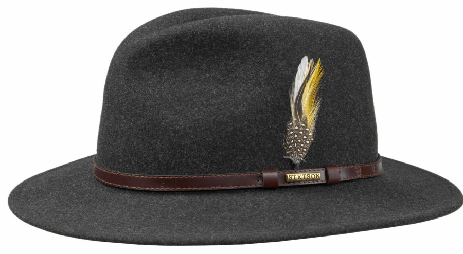 Hute Stetson | Stetson Knautschbarer Outdoor-Wollfilzhut Vitafelt Lederband & Feder Weiss