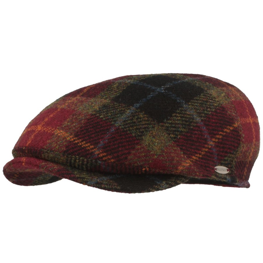 Mutzen Mayser | Mayser Bunte Harris Tweed Schiebermutze Simon Plus Mit Ohrenschutz Rot Gemustert