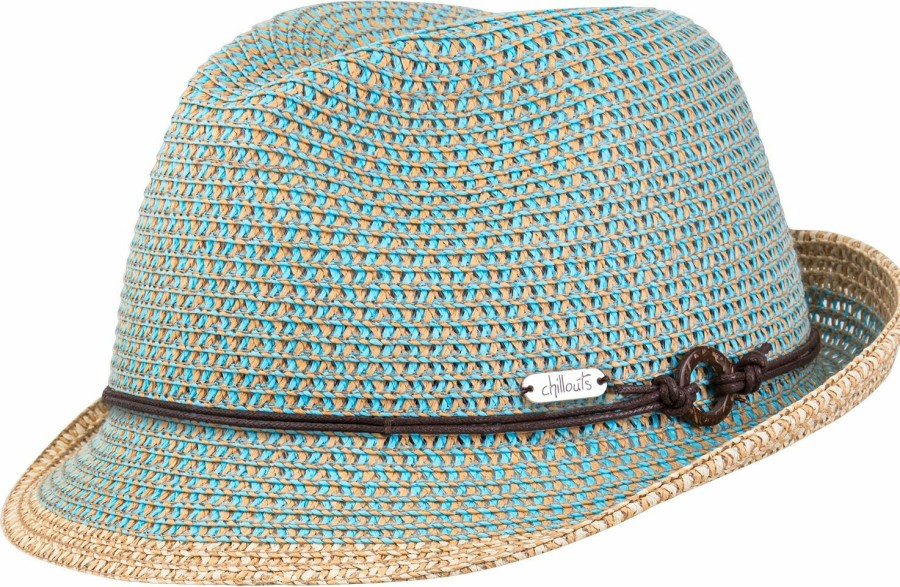 Hute Chillouts | Chillouts Zweifarbiger Papier Strohhut Trilby Mit Kunstleder Garnitur Blau Gemustert