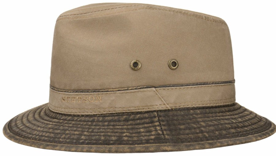 Hute Stetson | Stetson Baumwoll Traveller Fischerhut Mit Lederimitat Mittelbraun