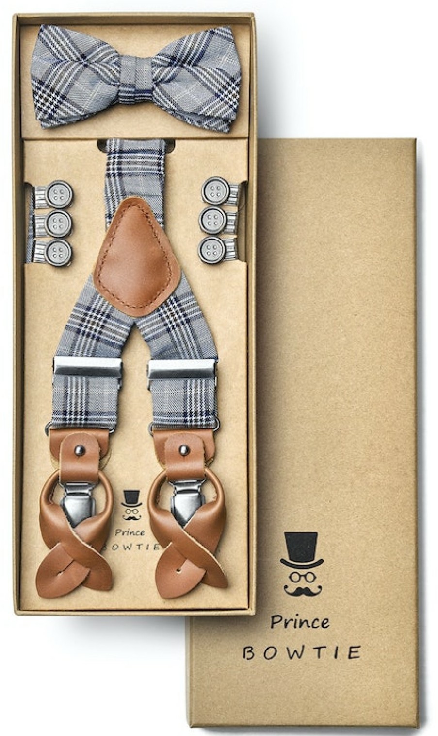 Accessoires Prince Bowtie | Prince Bowtie Kariertes Set Aus Hosentragern & Fliege Mittelbraun