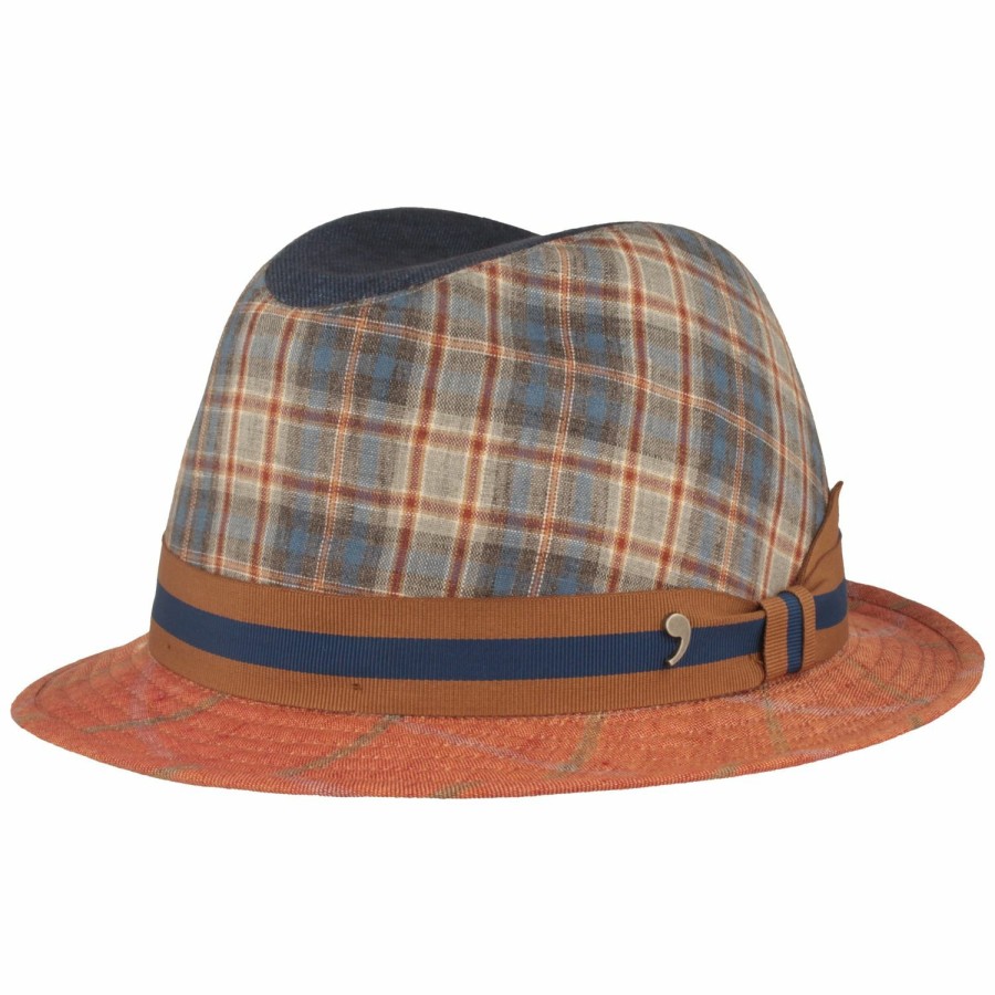 Hute Alfonso D | Alfonso D'Este Karierter Trilby Hut Sommerhut Aus 100% Leinen Rot Gemustert