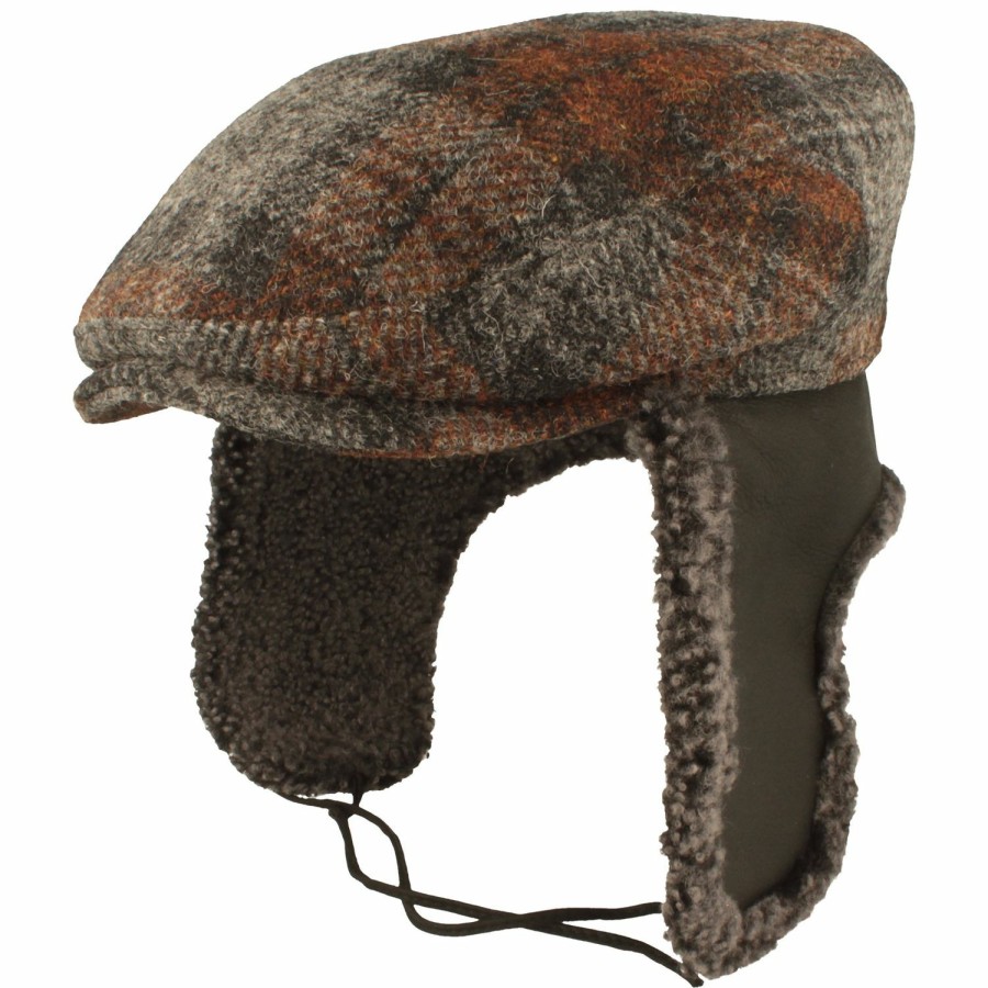 Xxl Bullani | Bullani Harris Tweed Schirmmutze Mit Lammfell Ohrenschutz Schwarz Gemustert